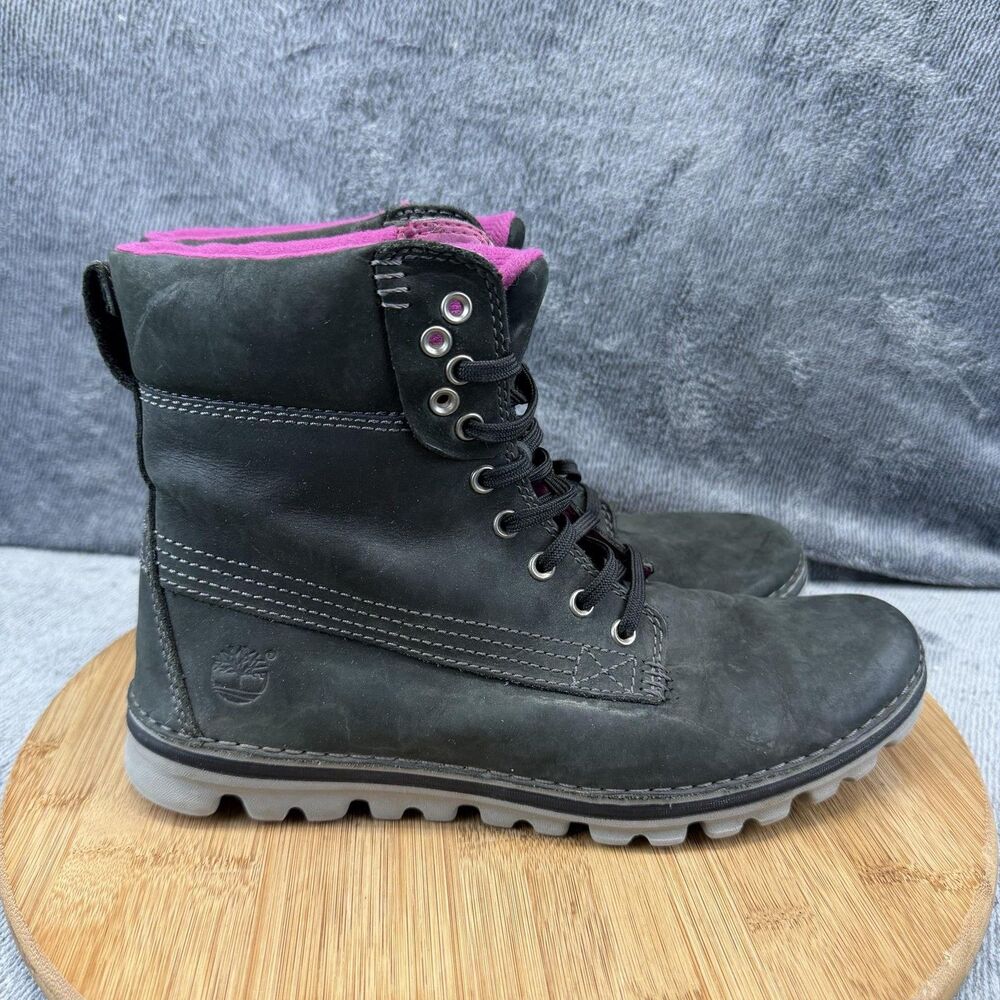 Timberland Boots Womens Size 8 Black Leather Lined Lace Up Ankle Combat 8351R